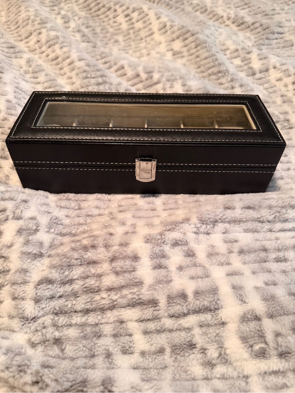 6 Slot Black Leather Watch Storage Case with Glass Top